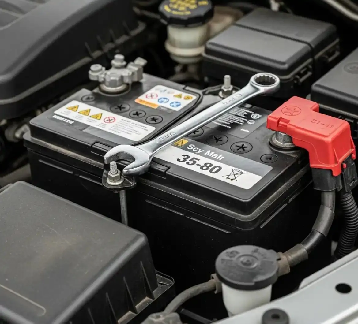 Spanner on a battery terminal