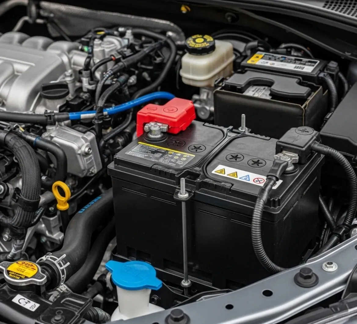 Car battery in a clean engine bay