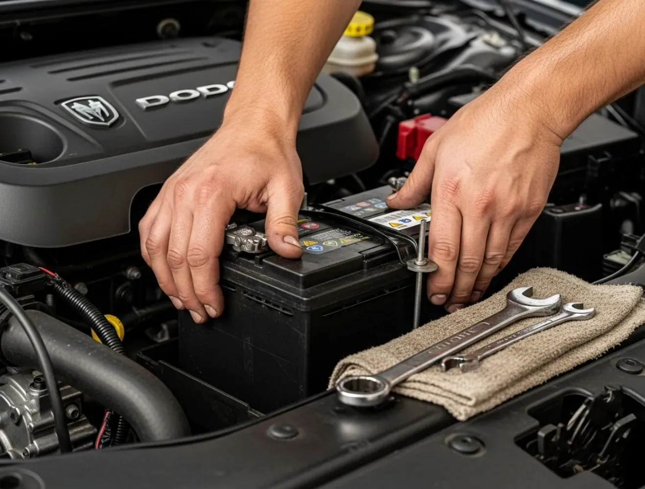 Hands fitting a battery in a Dodge