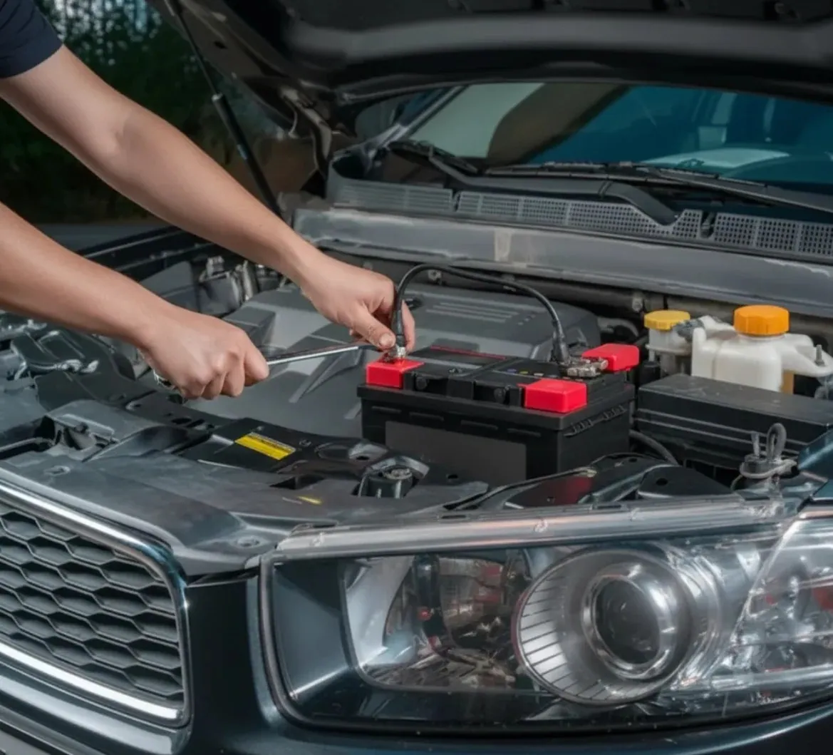 Hands fixing a battery in a front engine bay