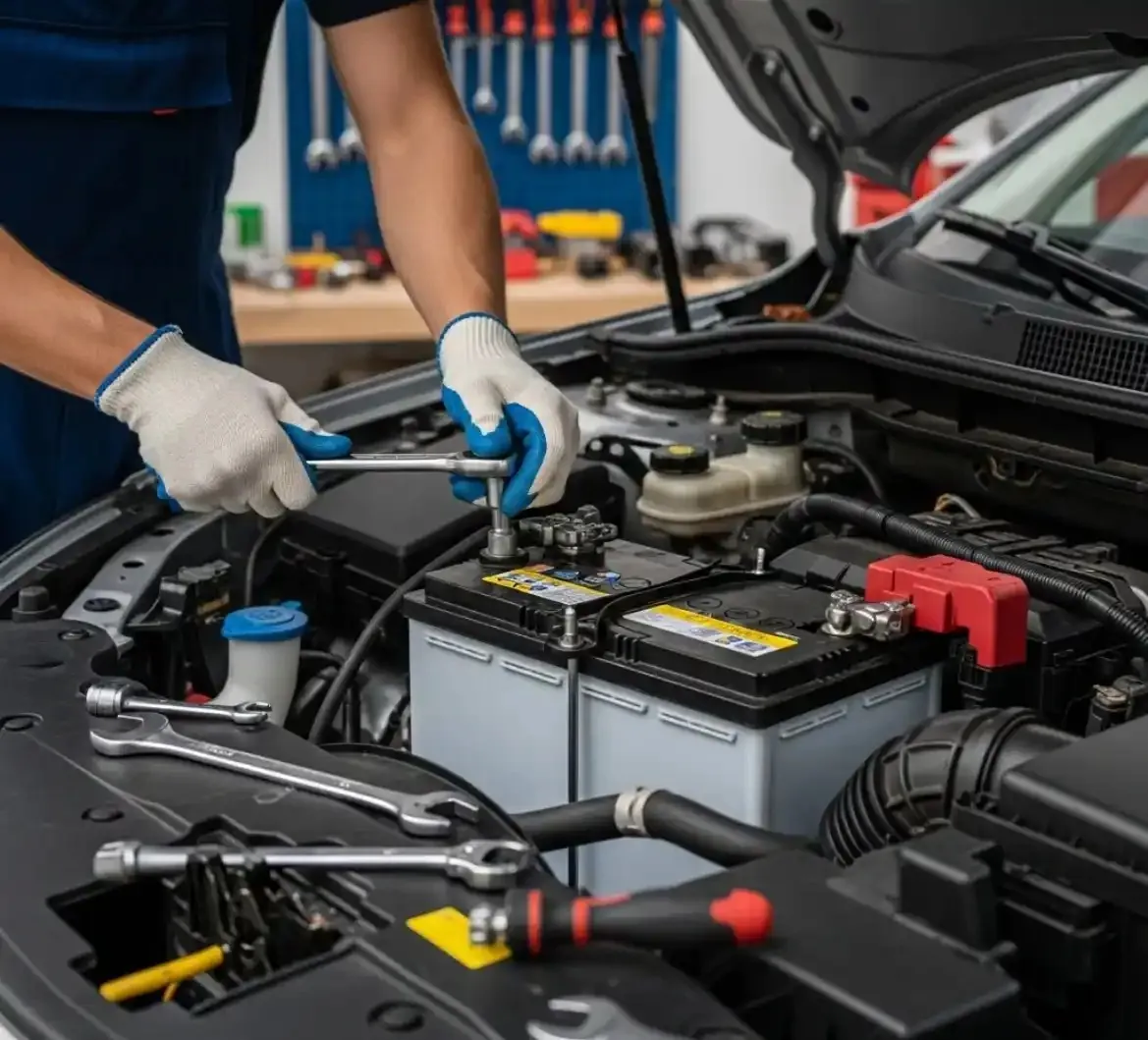 Technician tightening a battery clamp