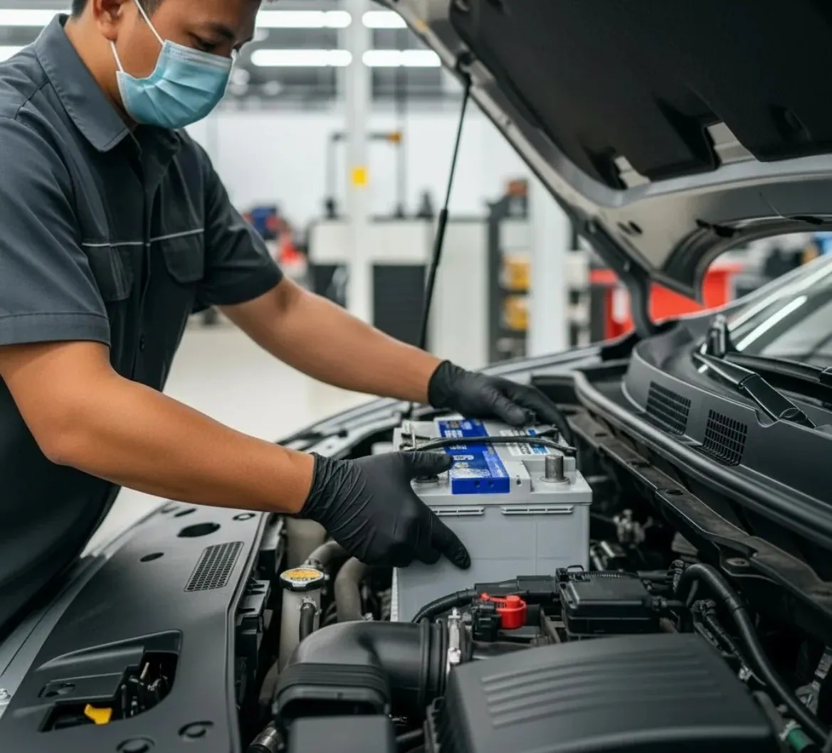 Done properly, first time Masked technician working on a battery