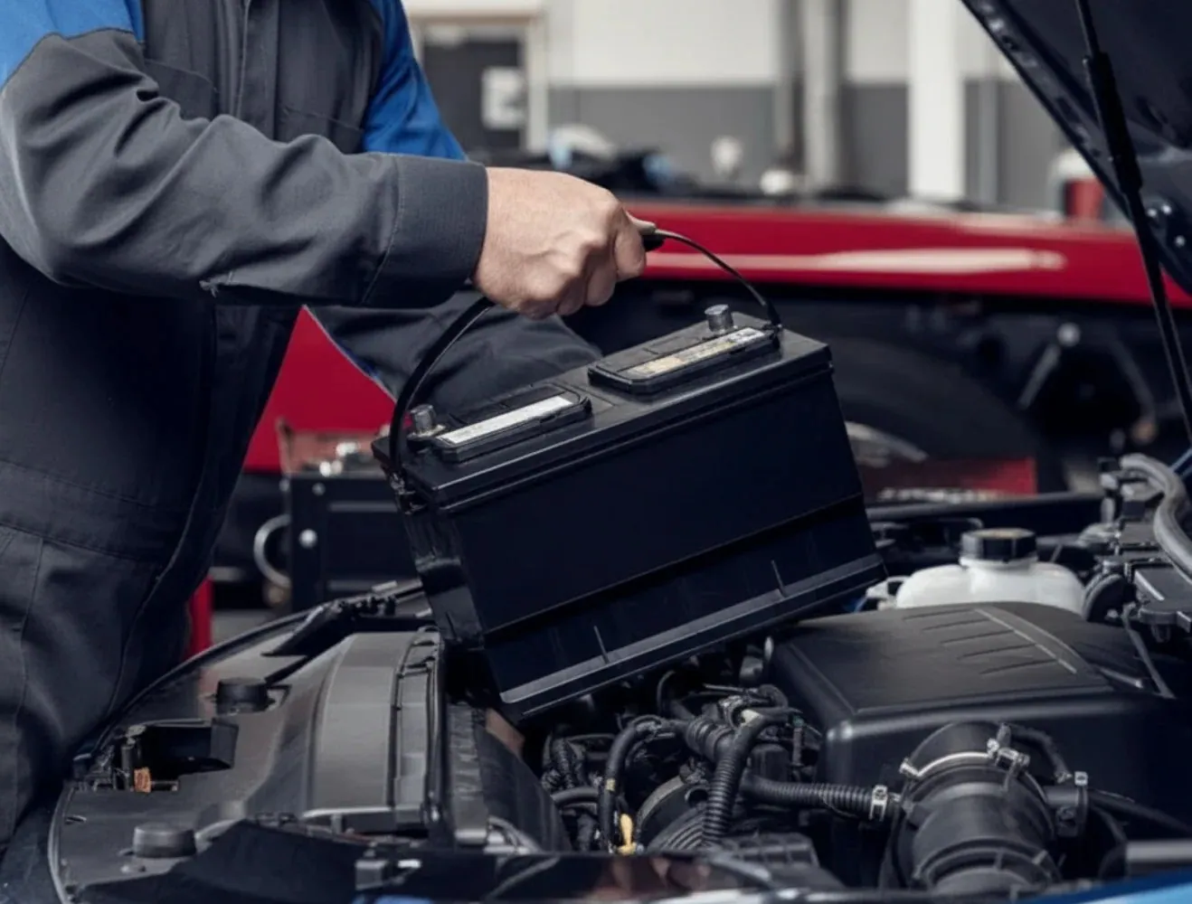 Picked to fit the car Technician lifting a black battery out