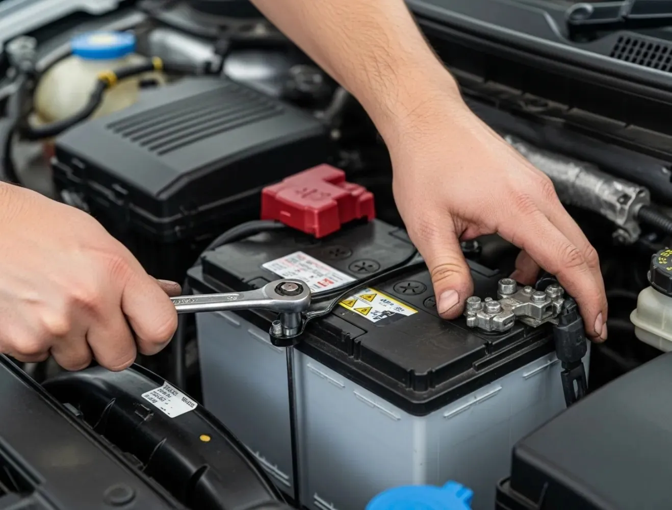 Chosen for the vehicle Hands loosening a battery terminal with a spanner