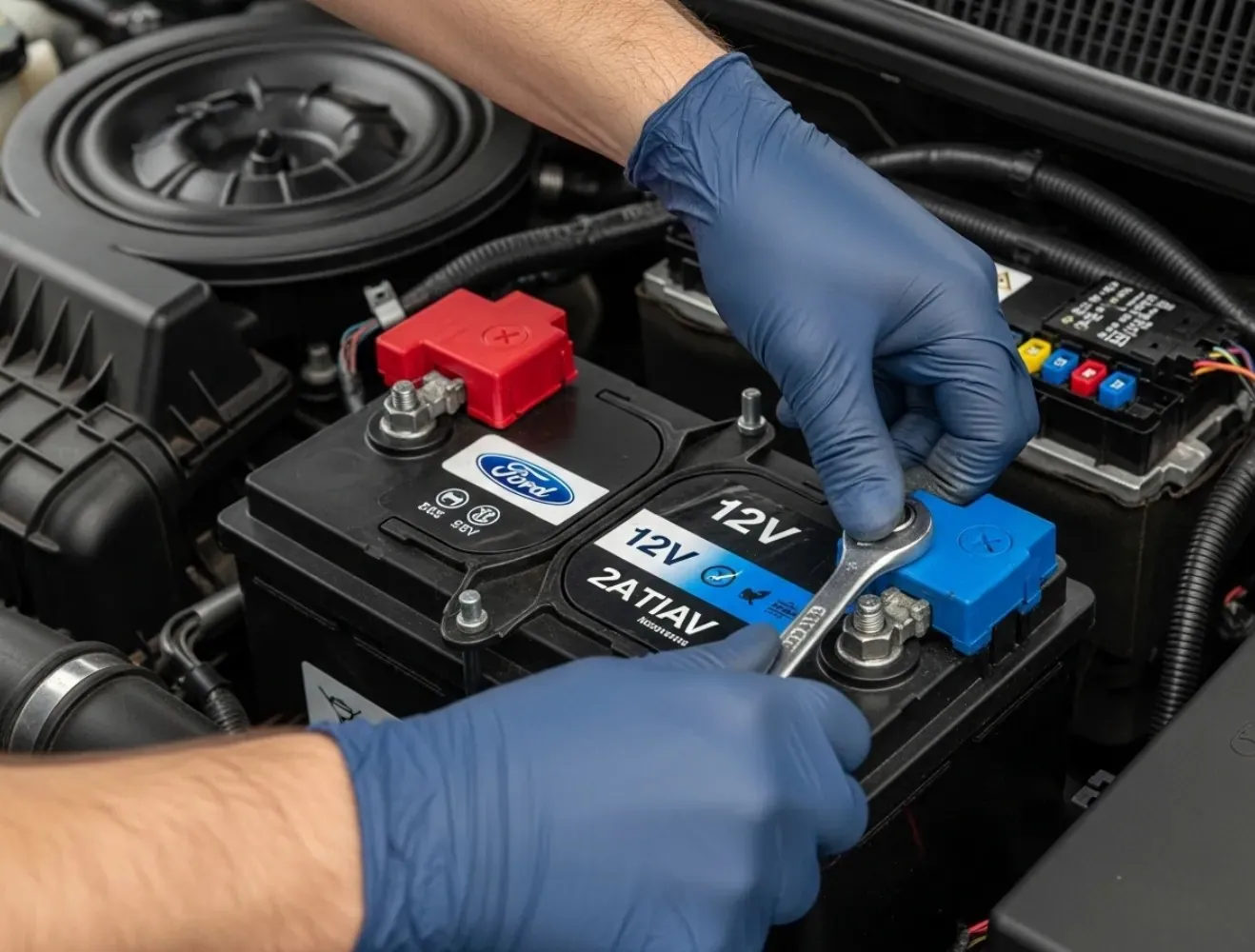 Blue-gloved hands on a 12V battery