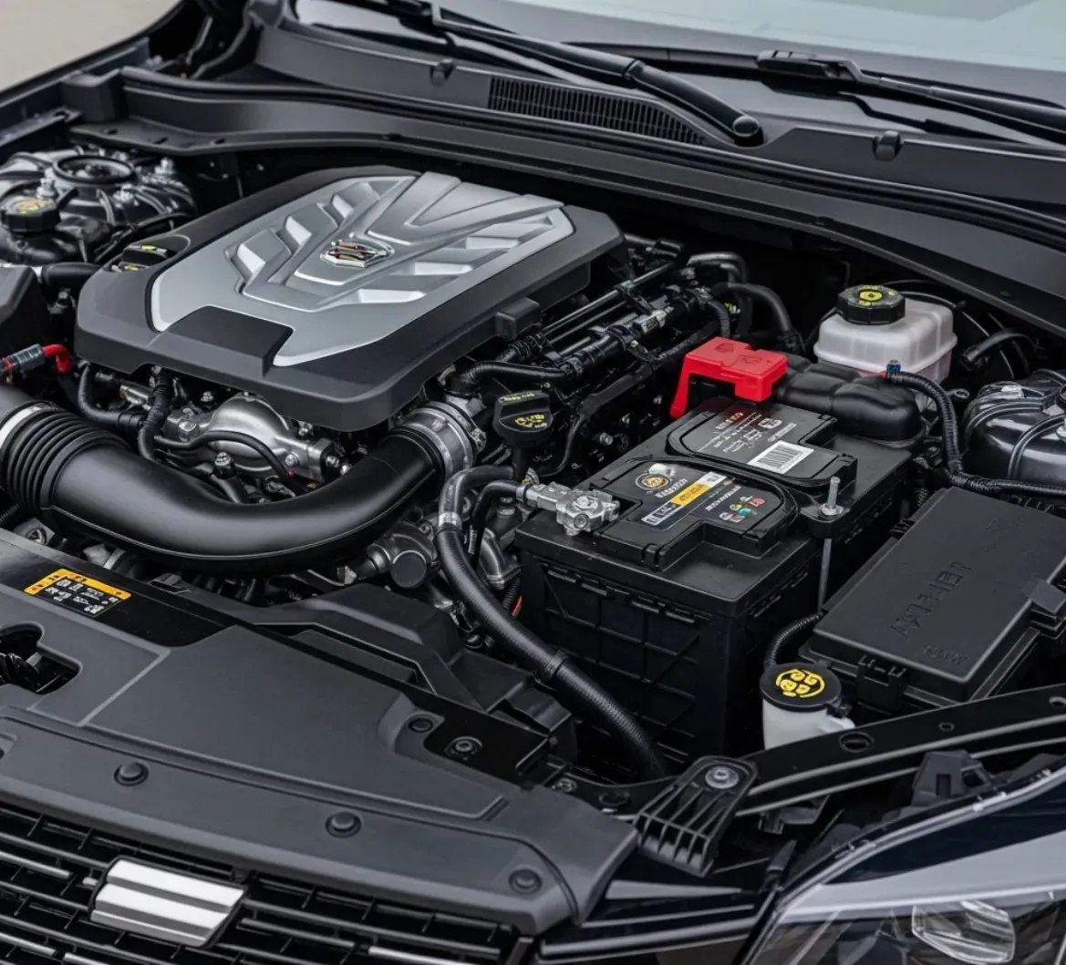 Engine bay with the battery beside the engine
