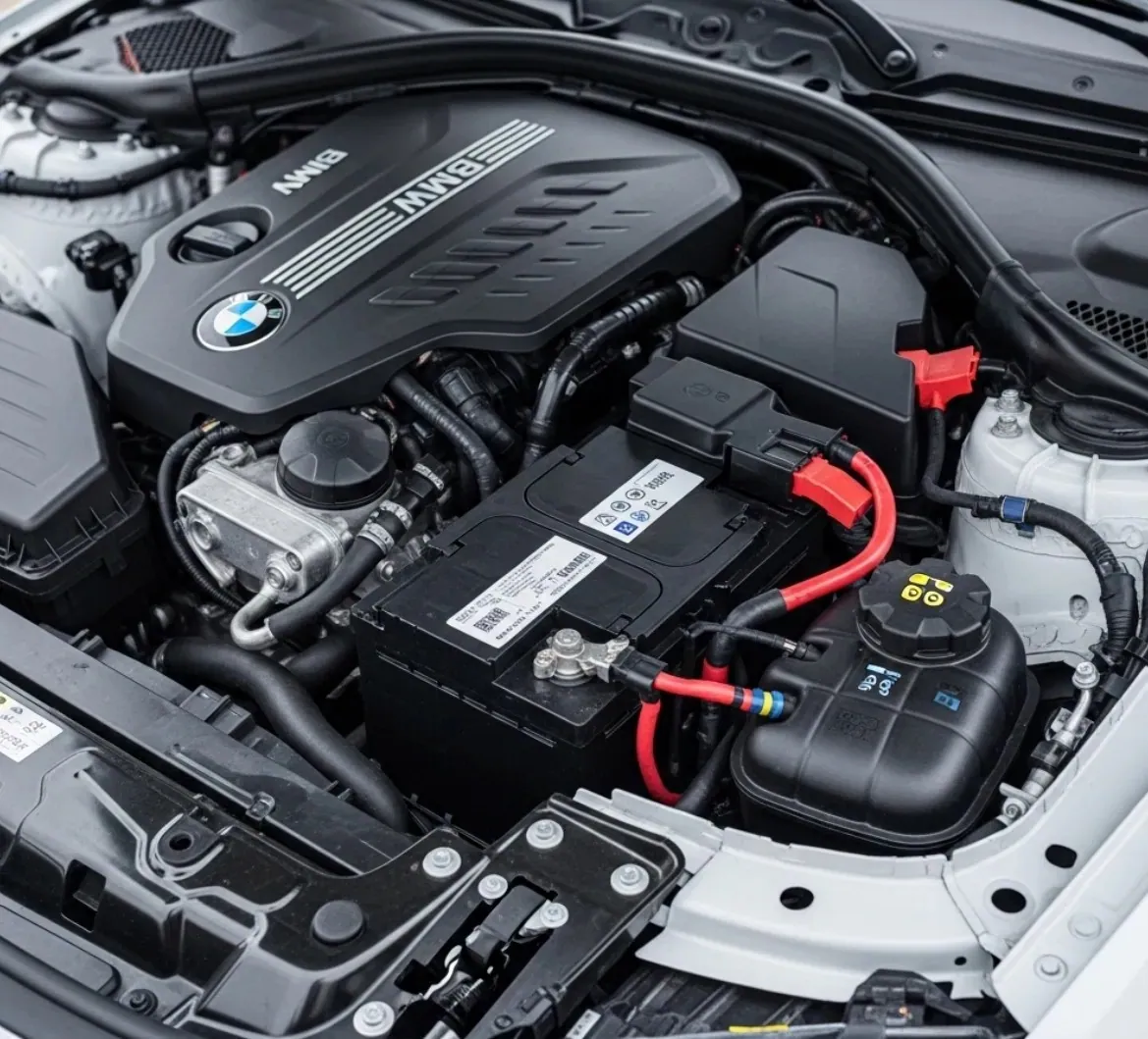 Battery in a BMW engine bay