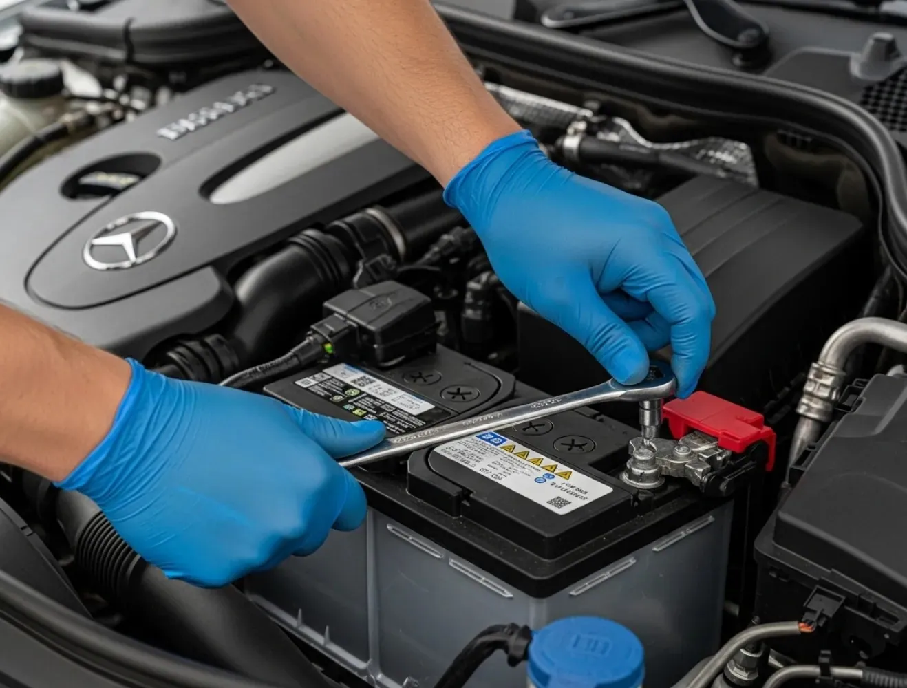 Blue-gloved hands fixing a battery in a Mercedes
