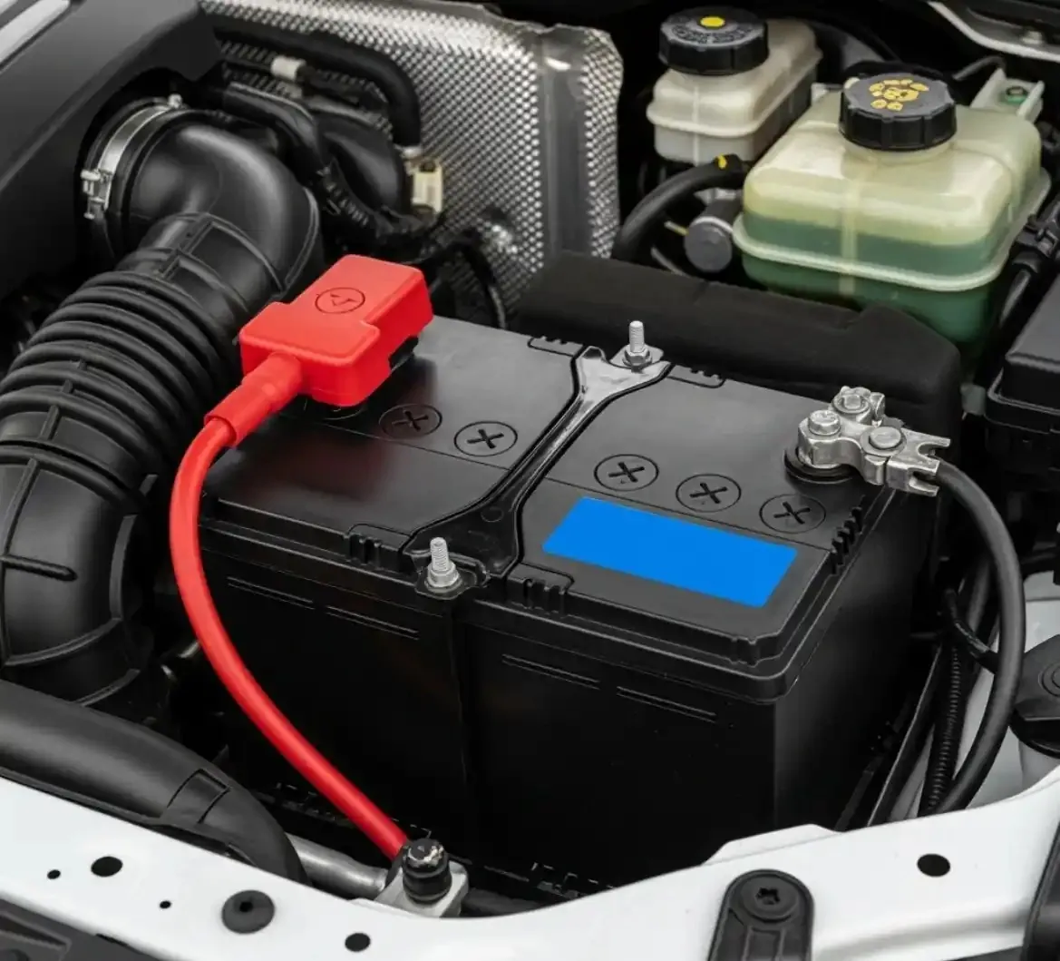 Battery with a red cable in an engine bay