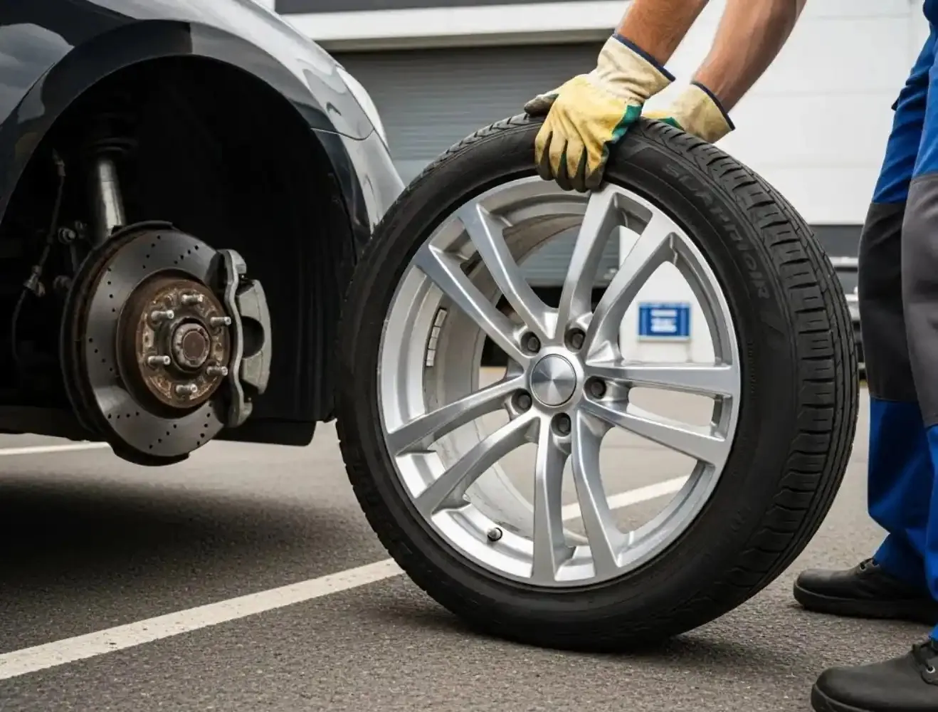 Technician rolling a wheel beside a car