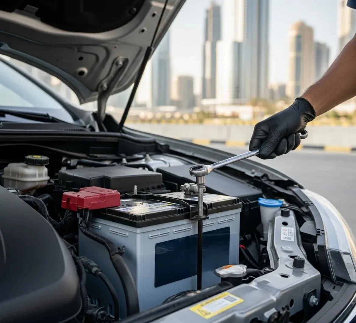 The way we work Gloved hand fixing a battery with city towers behind