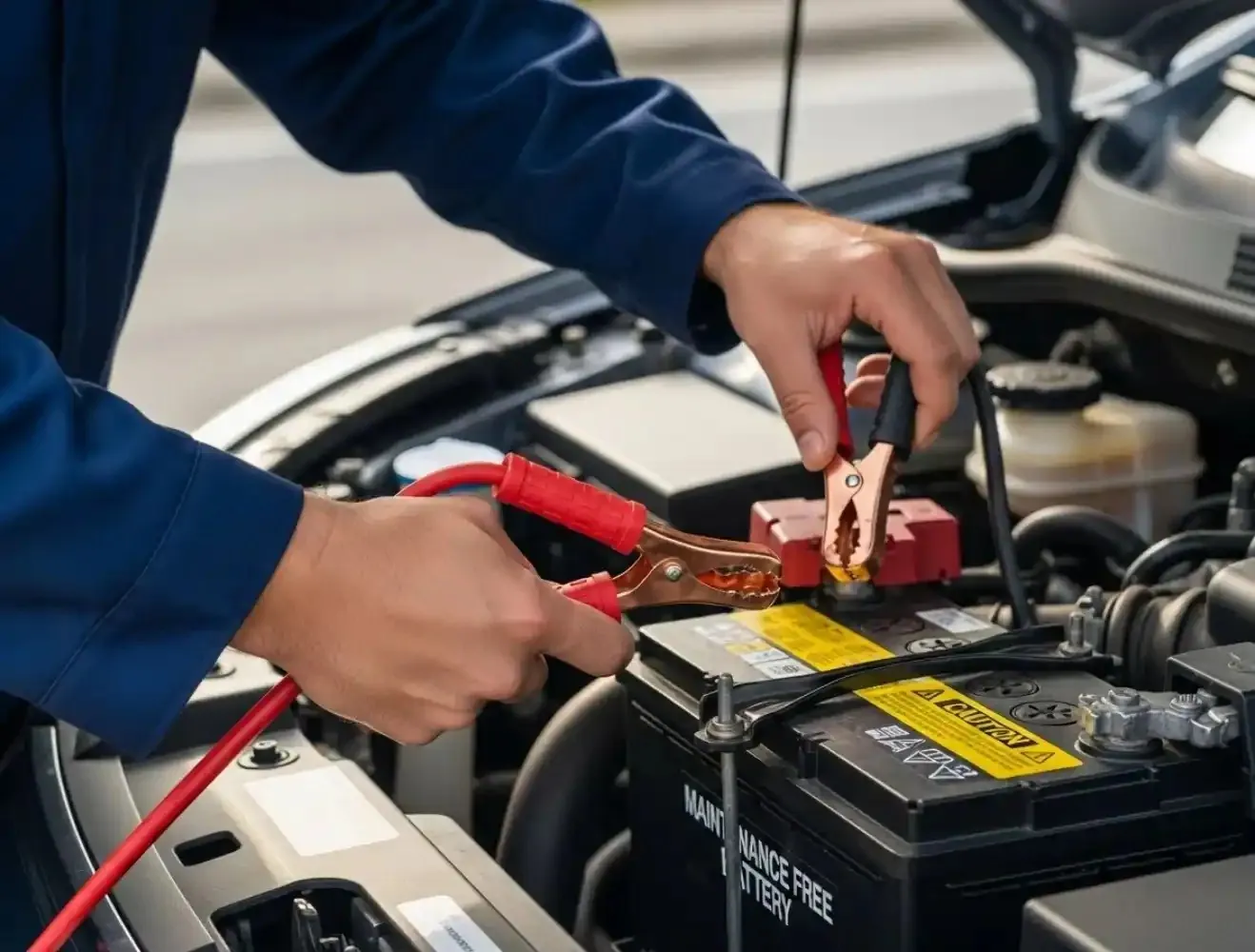 Right where the car stands Jump leads attached to a battery