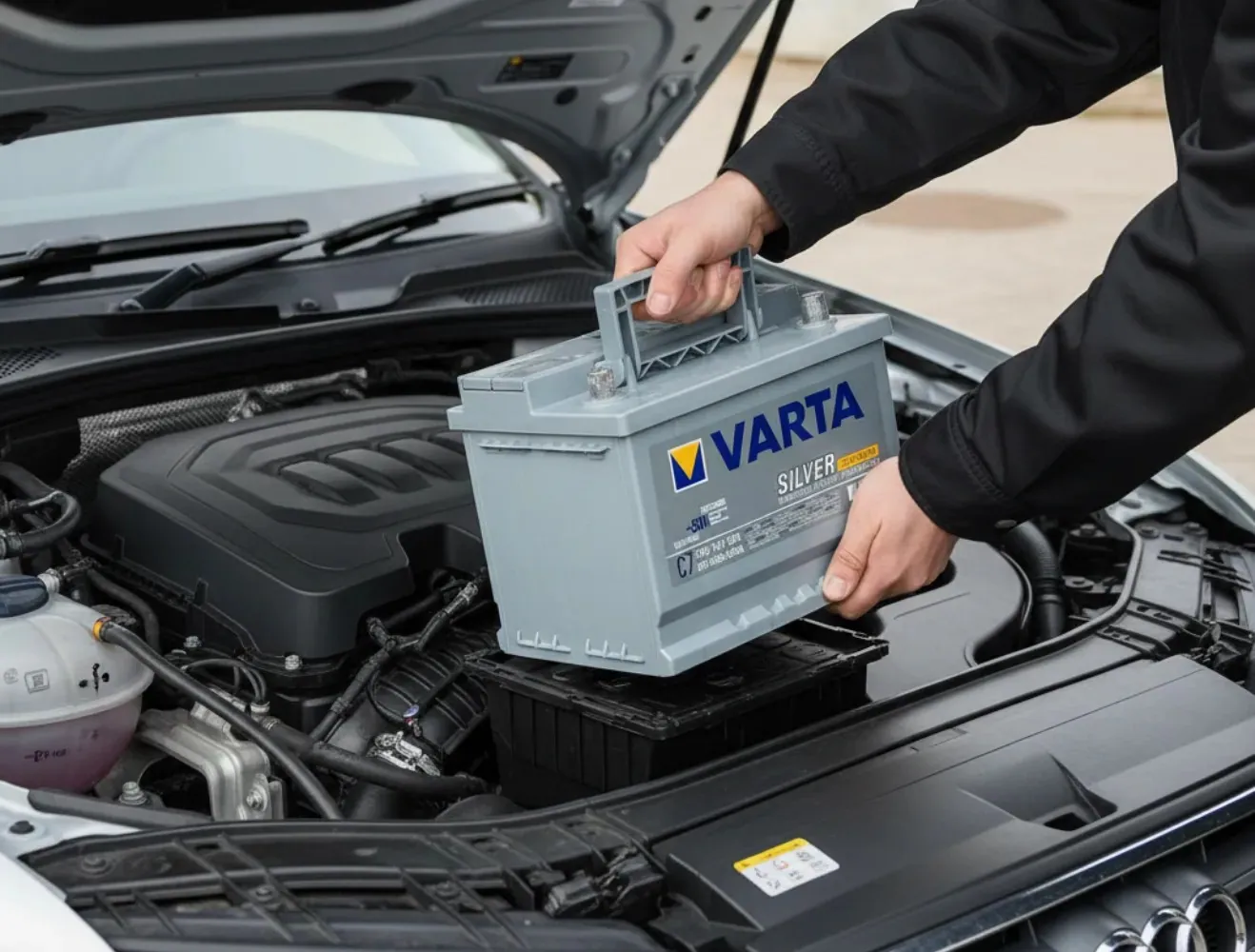 Battery work at the car Hands placing a Varta battery