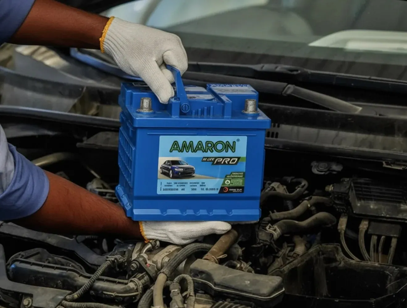 Options for every car Gloved hands carrying a blue Amaron Pro battery