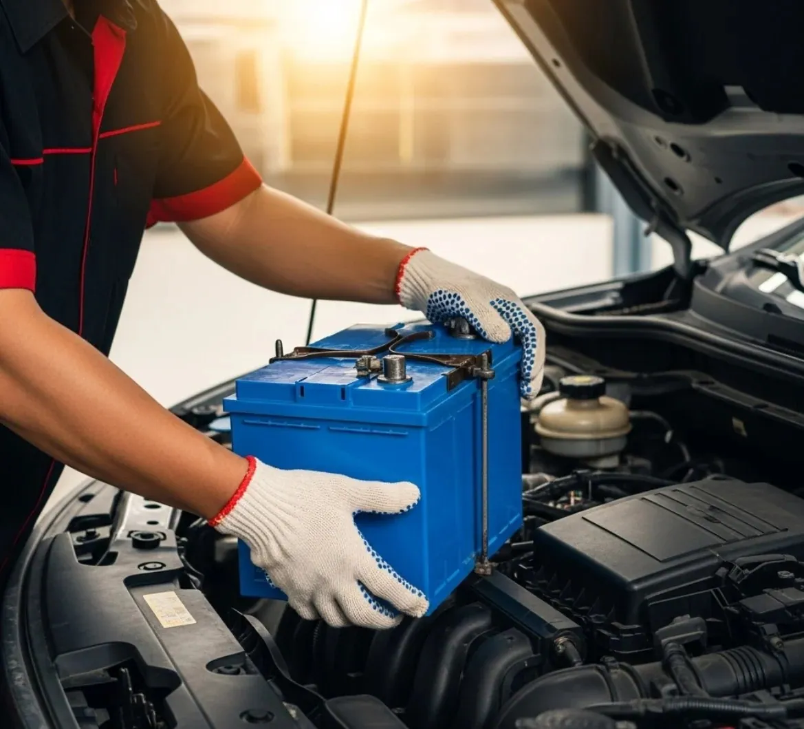 Technician lowering a blue battery in