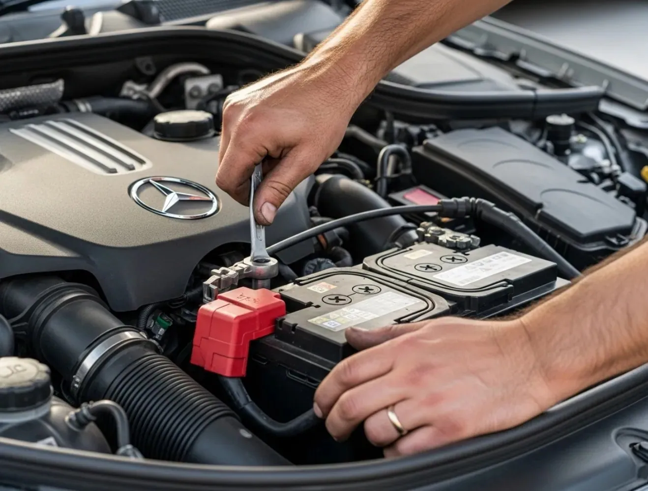 Chosen for the vehicle Hand fixing a battery in a Mercedes
