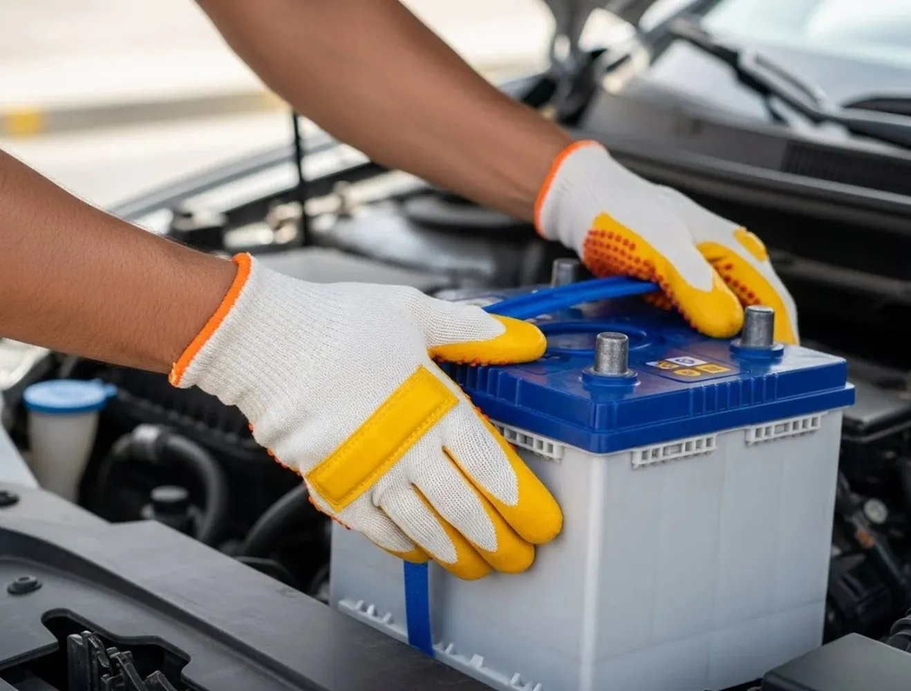 Battery work at the car Gloved hands lifting a blue-topped battery