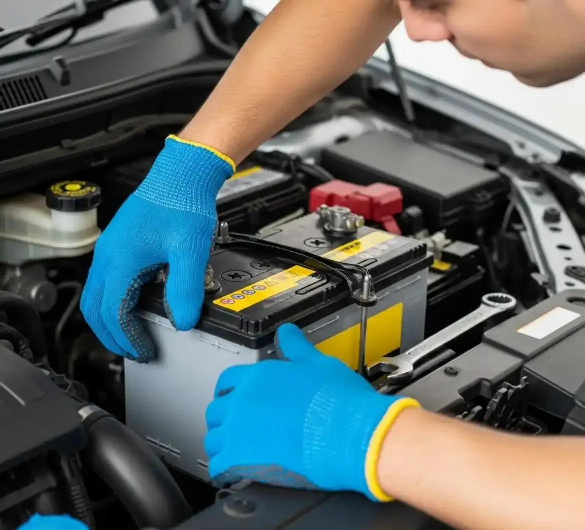Blue-gloved hands lifting a battery