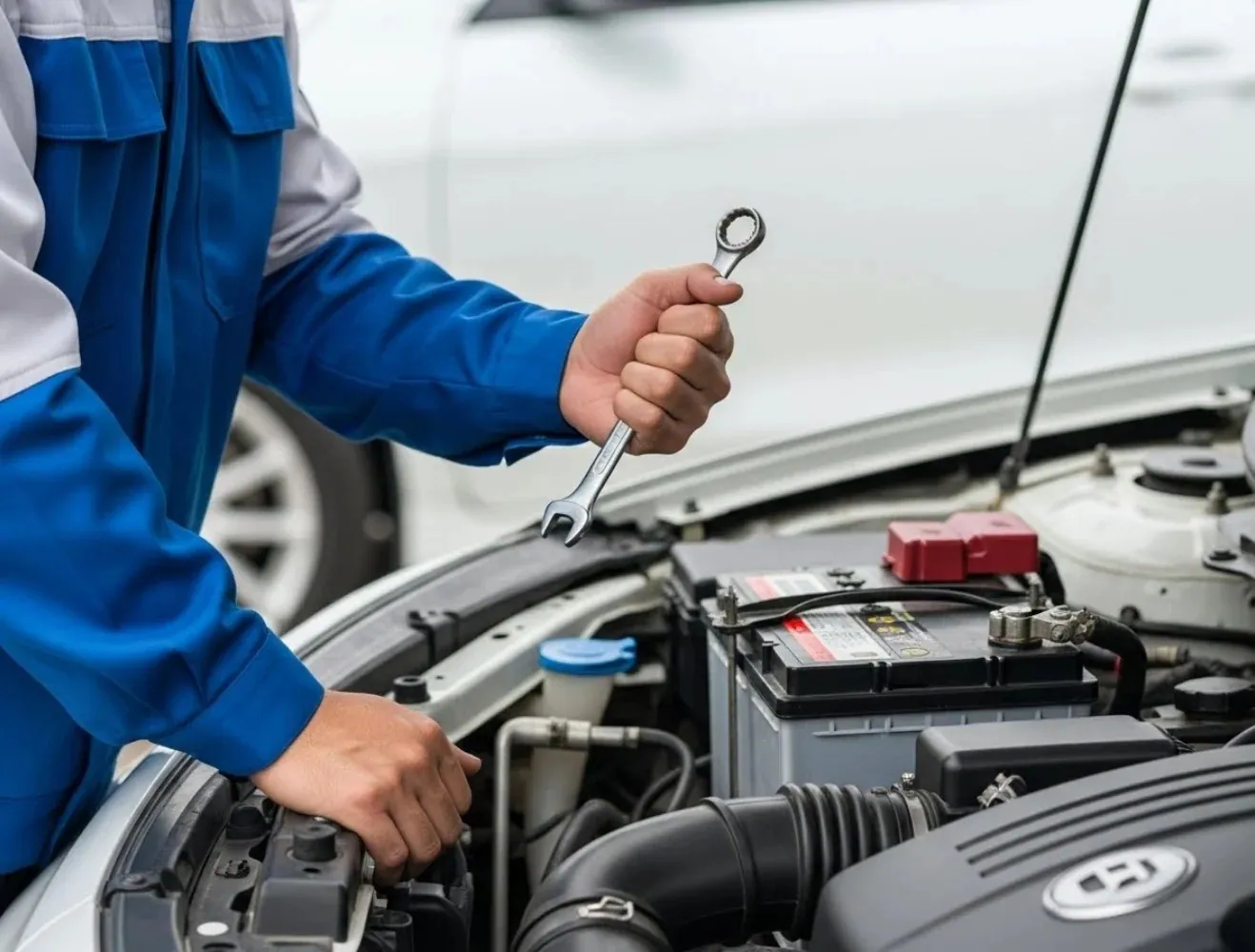 Technician with a spanner over the engine bay