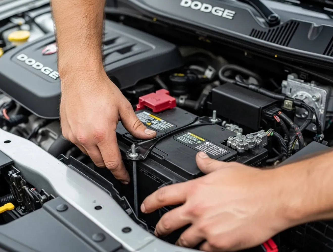 Picked to fit the car Hands fitting a battery in a Dodge