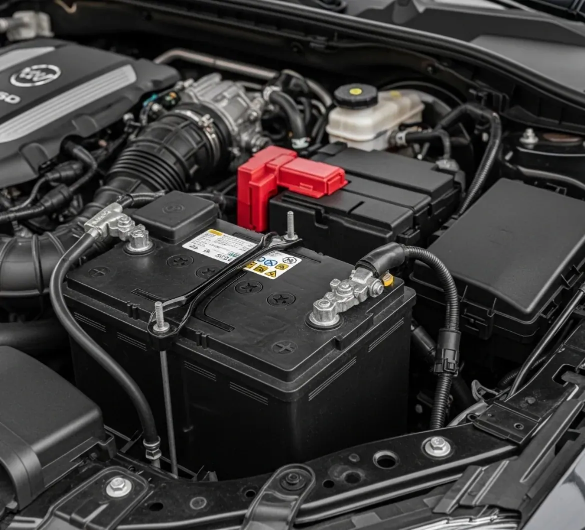 Car battery under an open bonnet