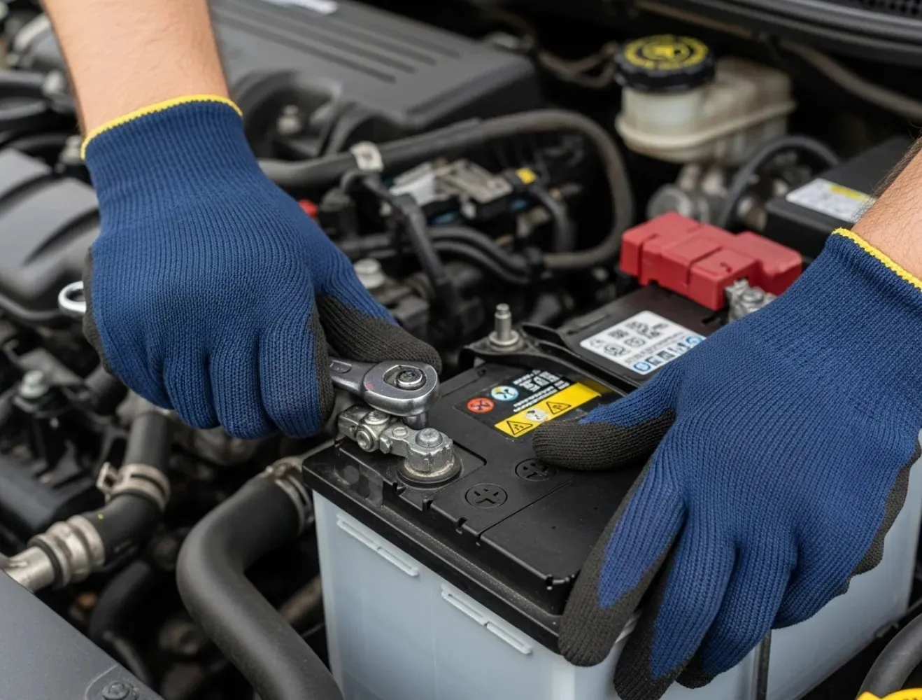 Navy-gloved hands on a battery
