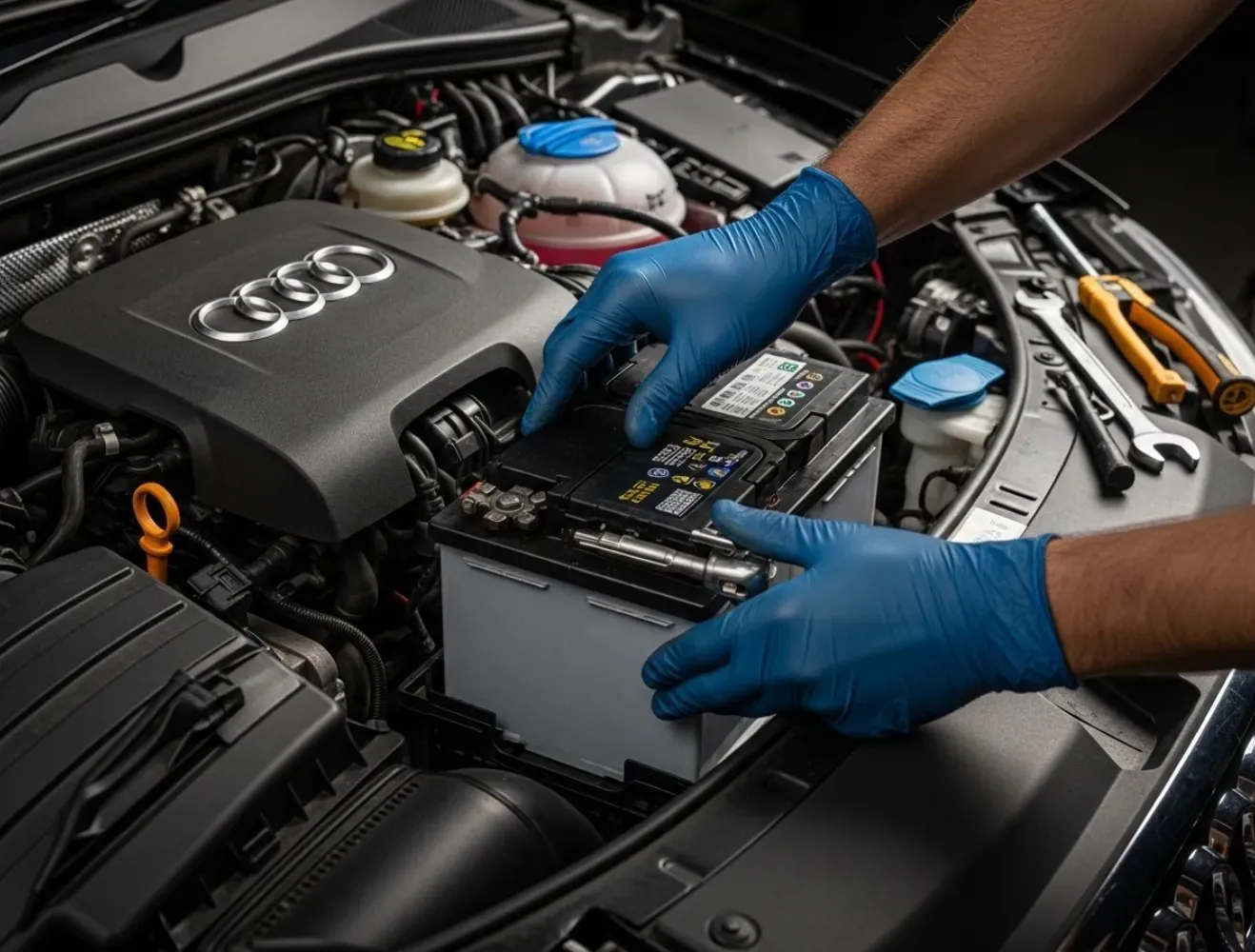 Matched to the vehicle Blue-gloved hands fitting a battery in an Audi