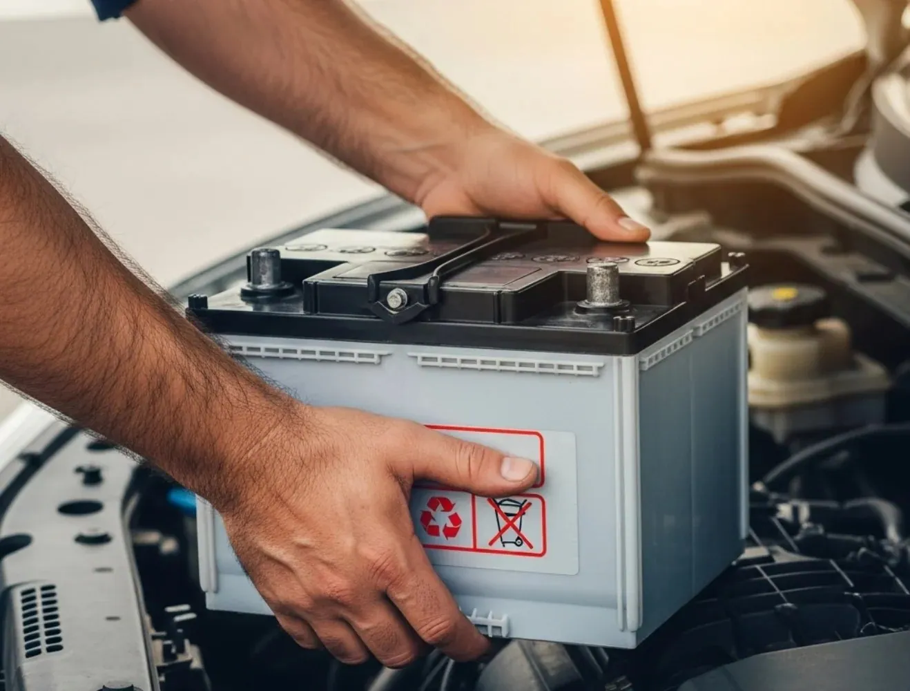 Hands lifting a white battery