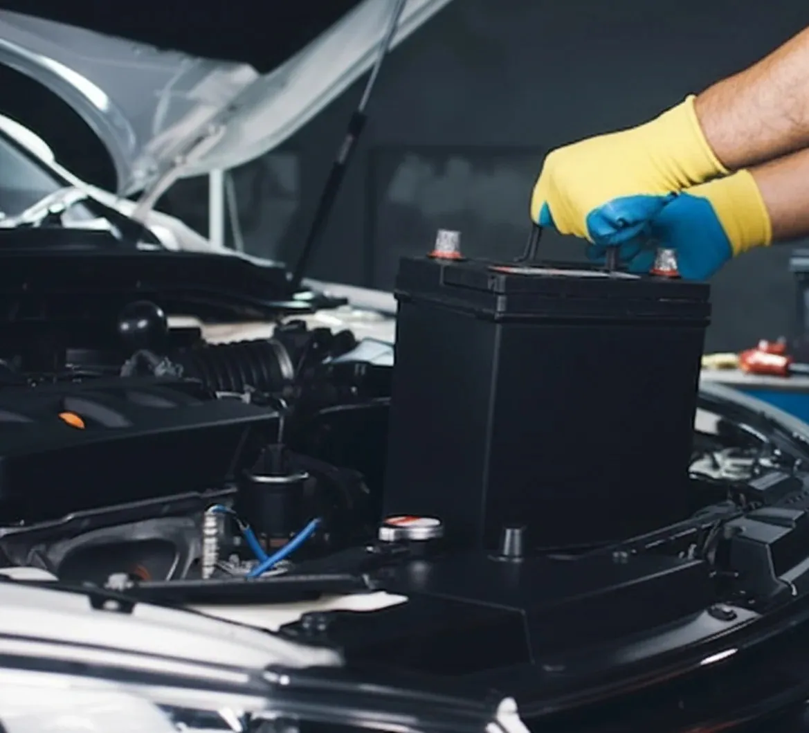 Yellow-gloved hand on a black battery