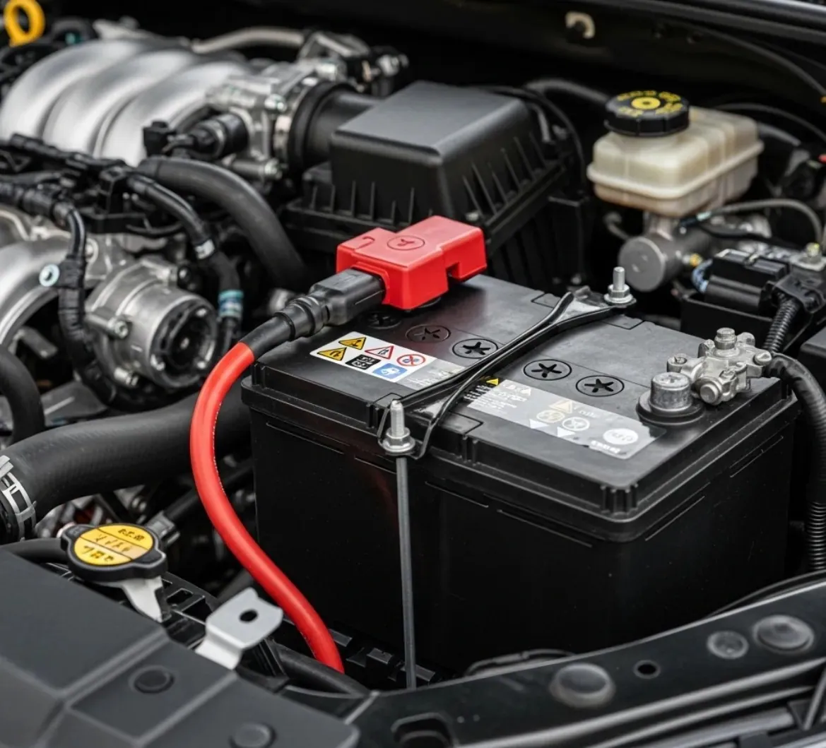 Done properly, first time Battery with a red cable in the engine bay