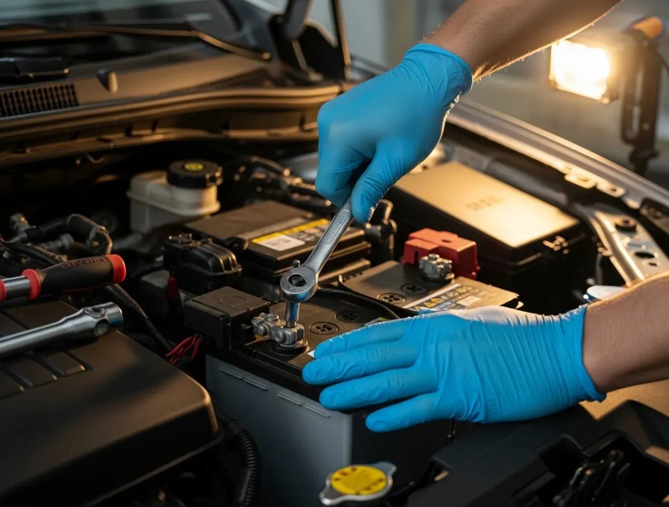 Picked to fit the car Blue-gloved hands tightening a terminal