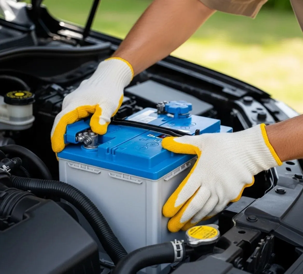 The way we work Gloved hands lifting a blue battery