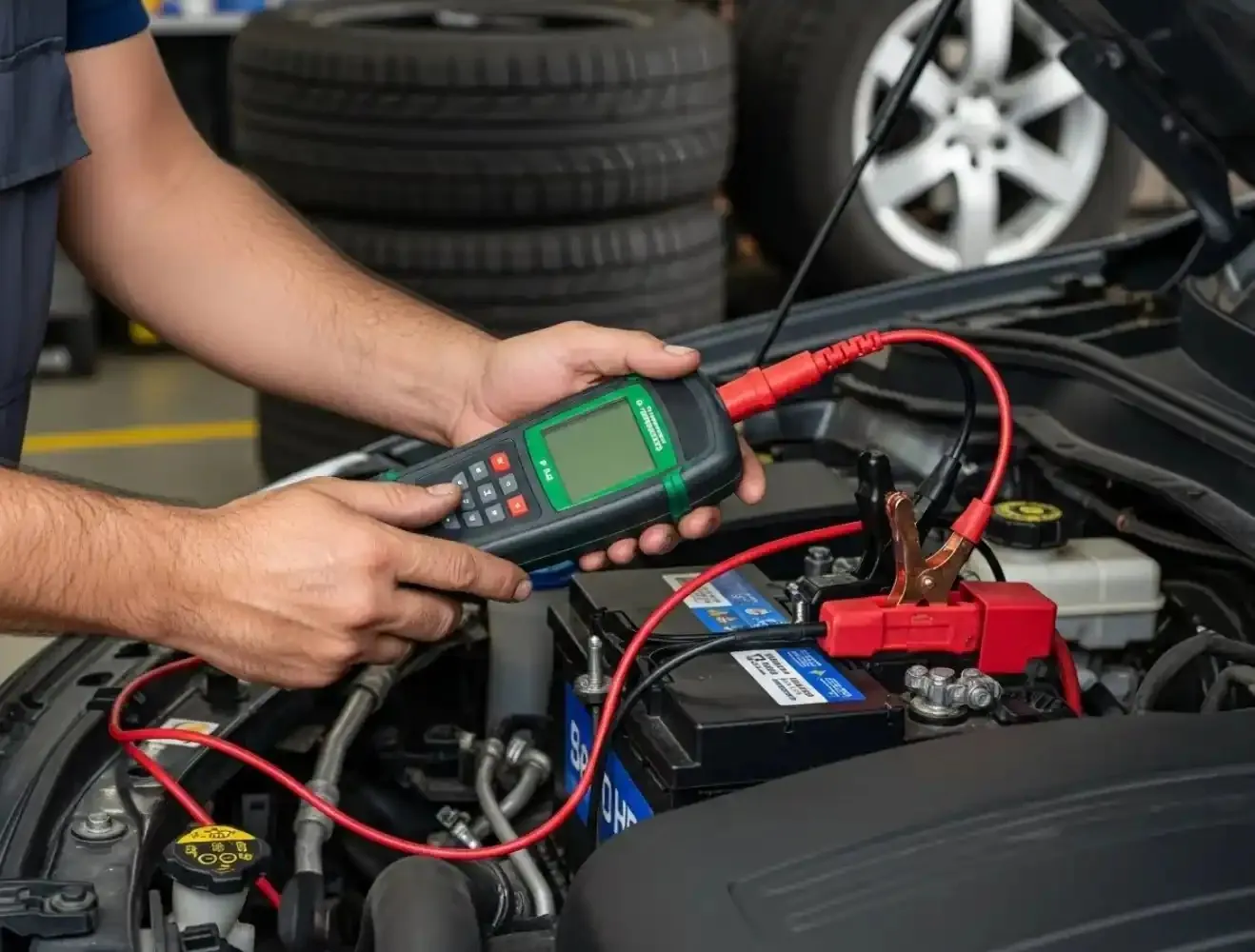 Battery work at the car Hands testing a battery with a meter