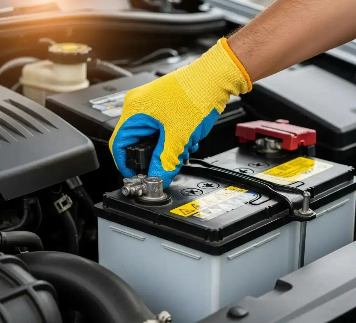 Why drivers call us Yellow-gloved hand fixing a battery