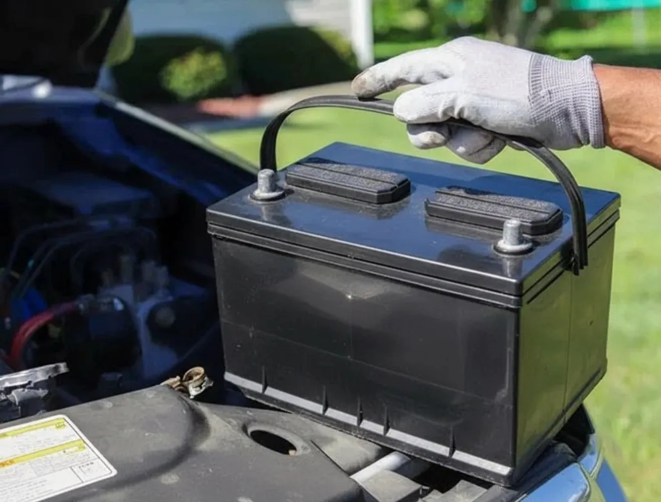 On the job Gloved hand lifting a battery by its handle
