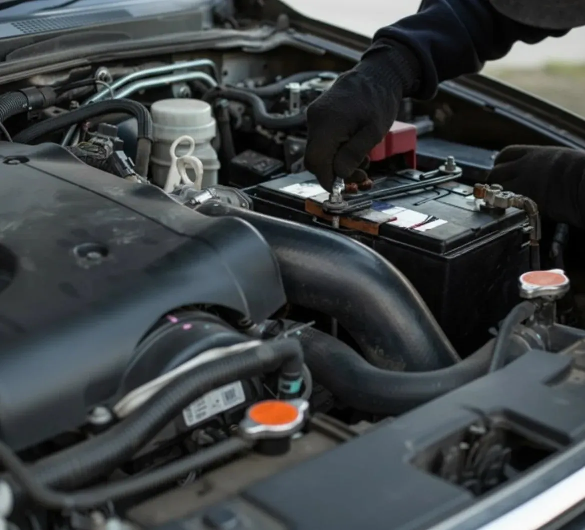 Careful hands on every job Gloved hand on a battery in a dark engine bay