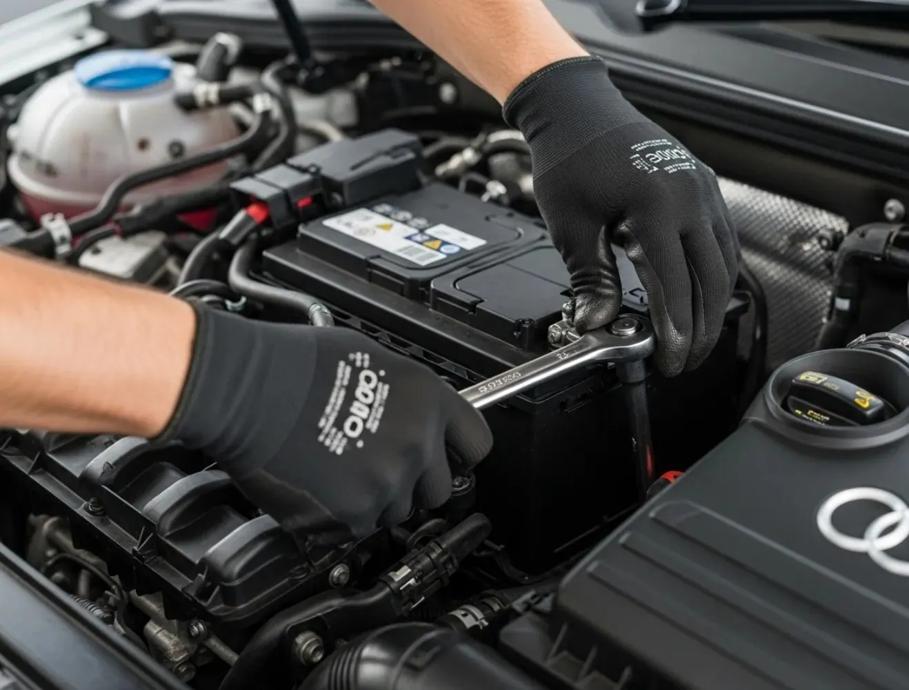 Picked to fit the car Black-gloved hands working on a battery