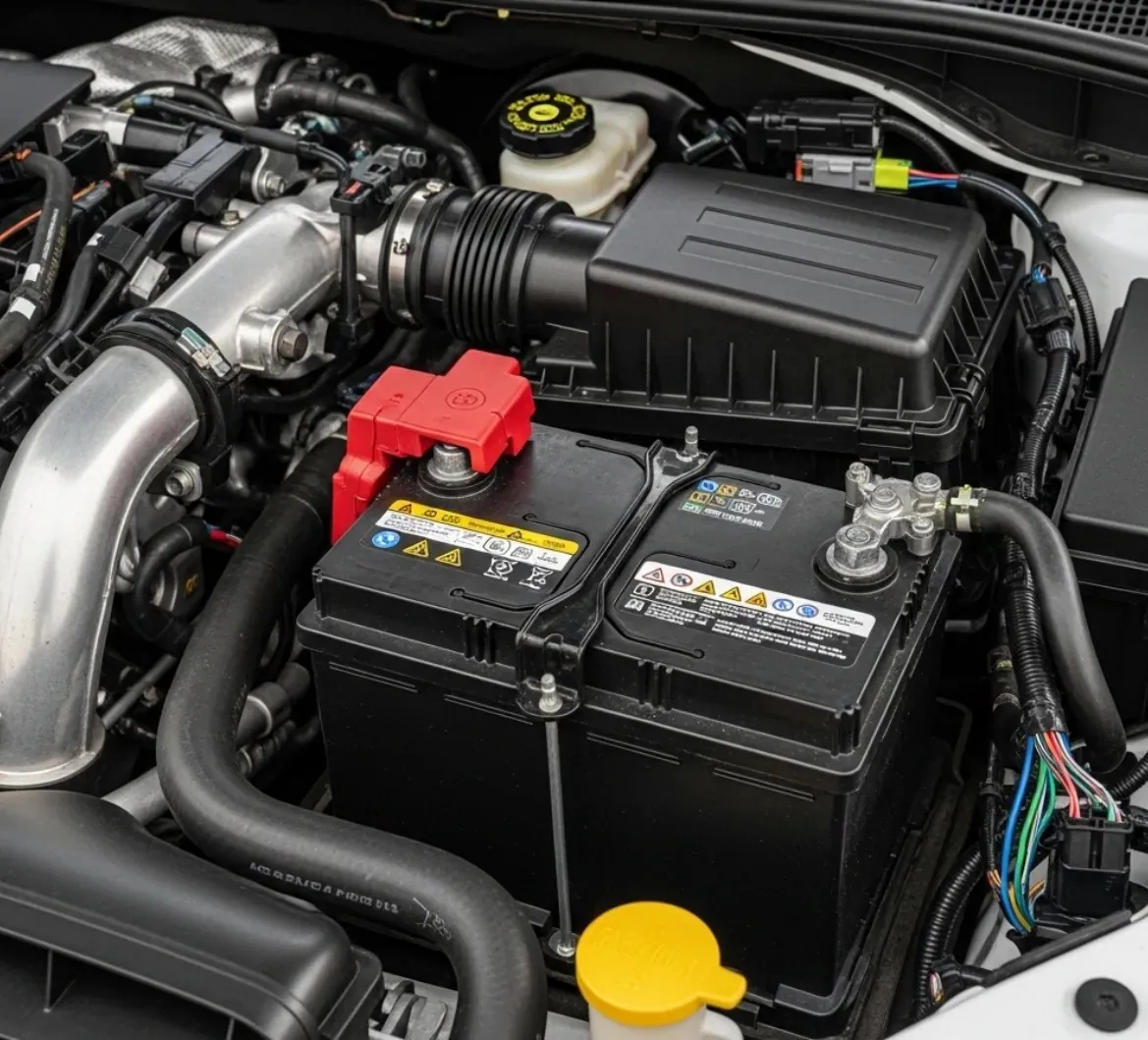 The way we work Battery with a red cover in an engine bay