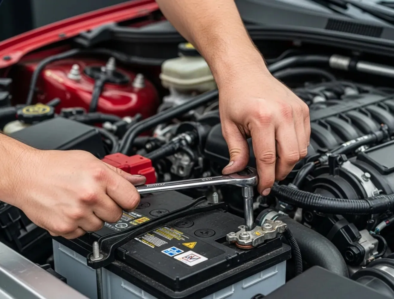Chosen for the vehicle Hands turning a spanner on a battery