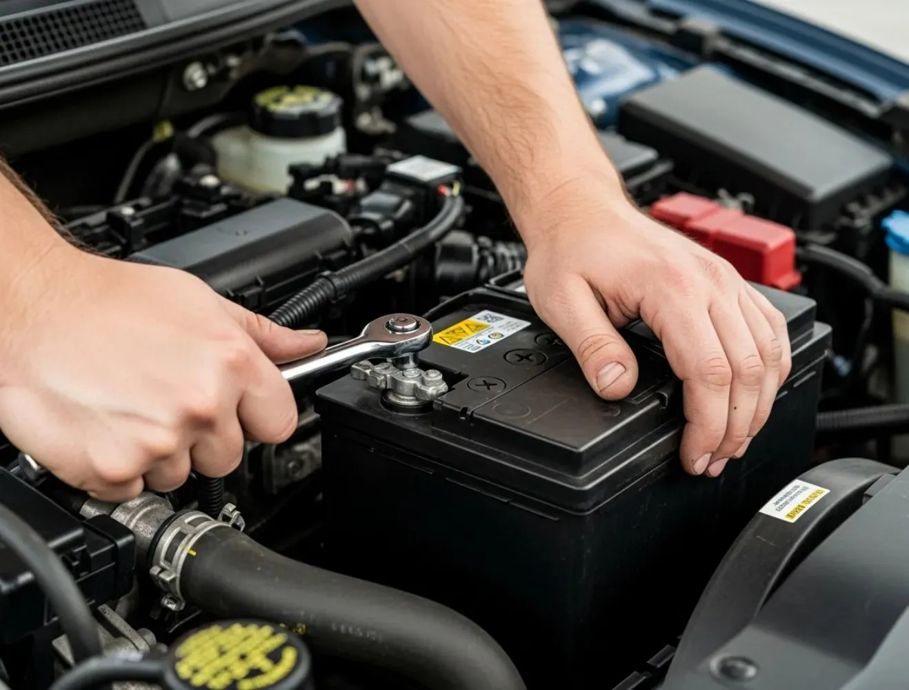 Matched to the vehicle Hands fixing a battery clamp