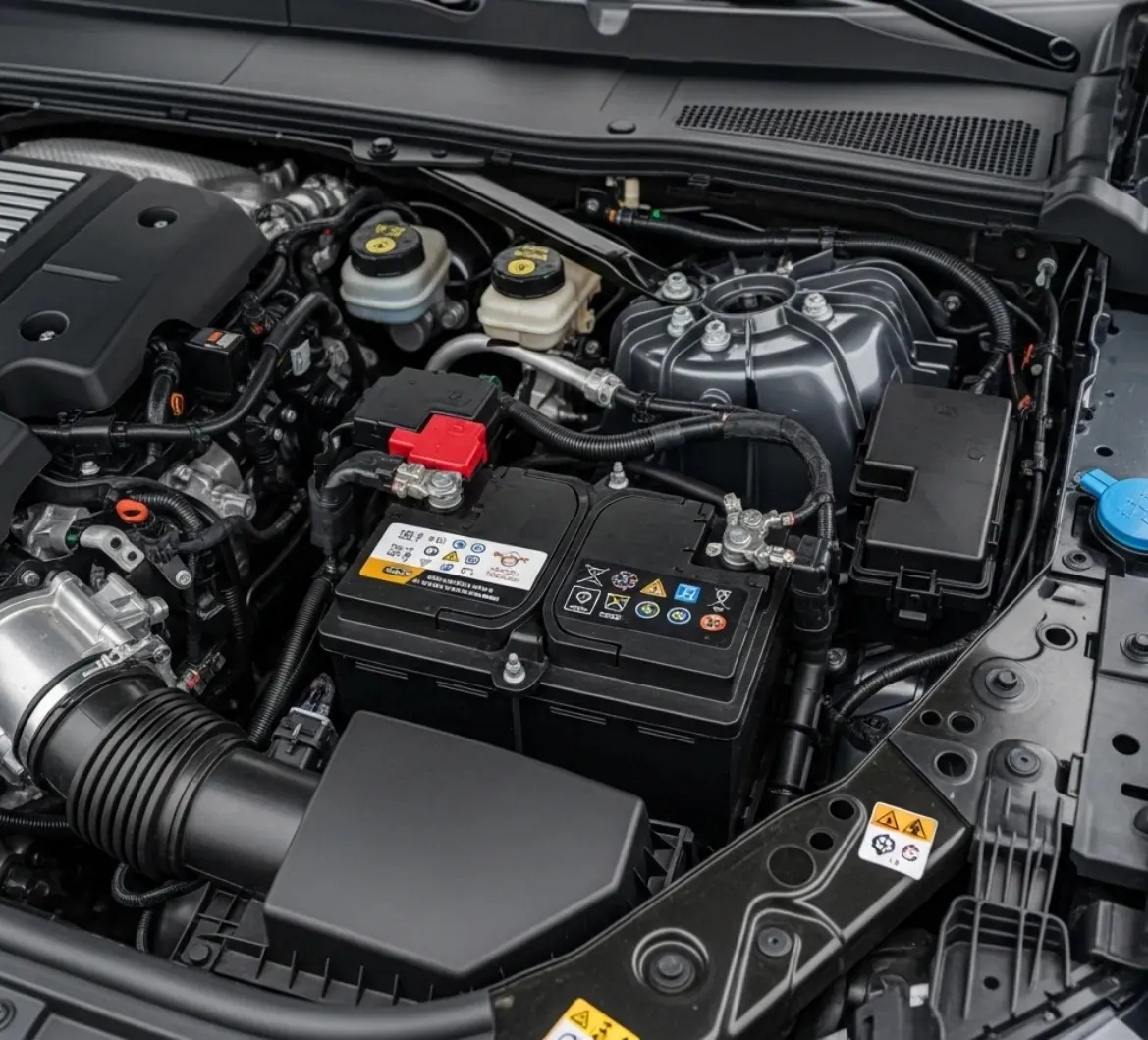 Battery in a dark engine bay