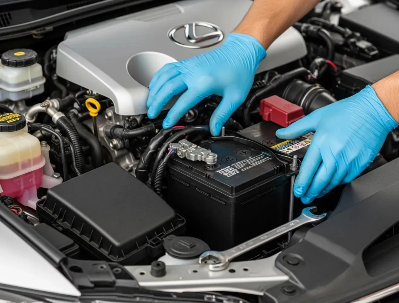 Blue-gloved hands on a battery in a Lexus