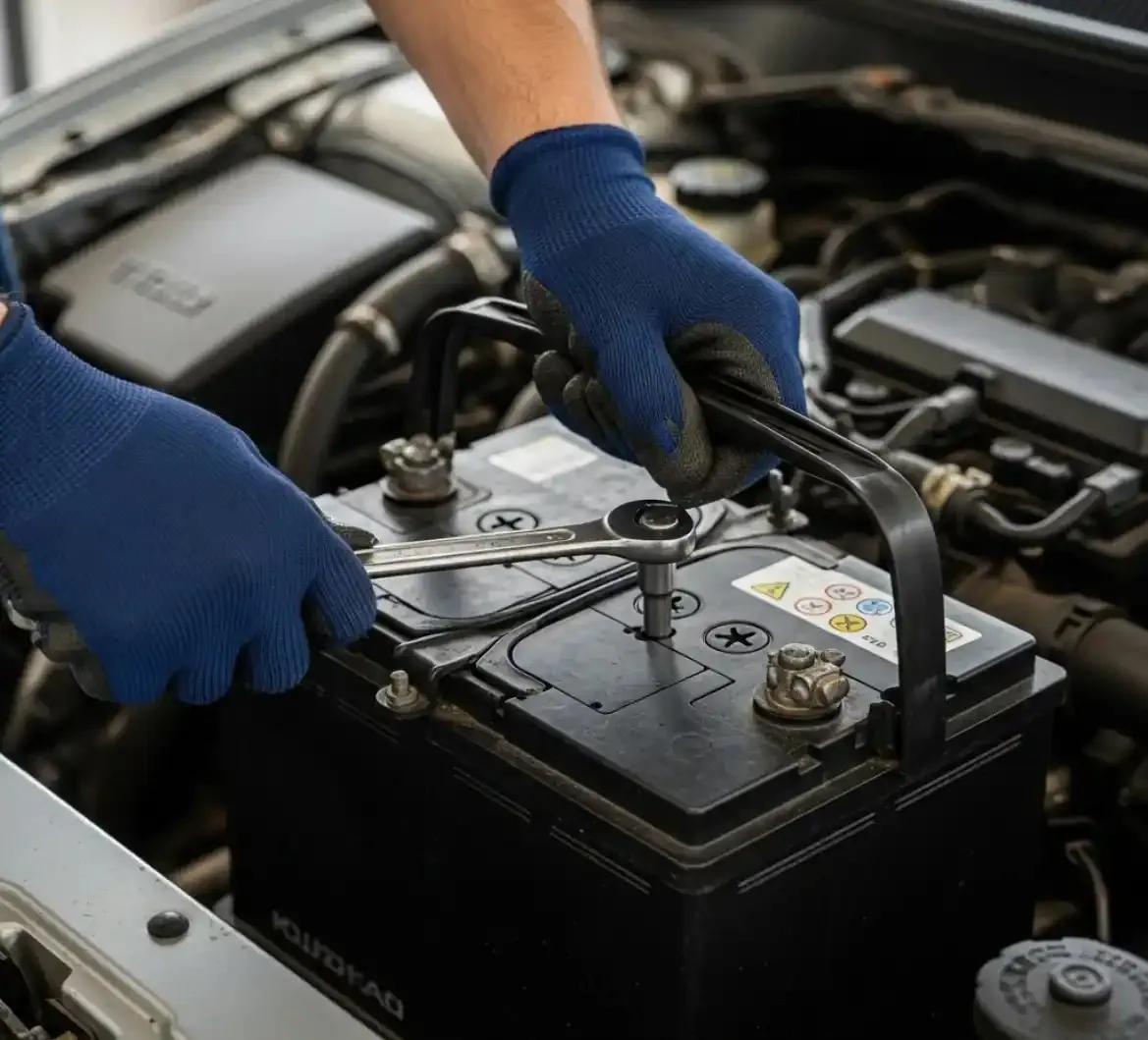Blue-gloved hands lifting a battery