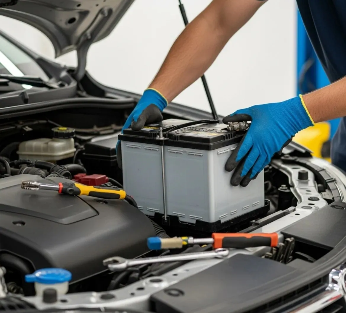 The way we work Blue-gloved hands placing a battery