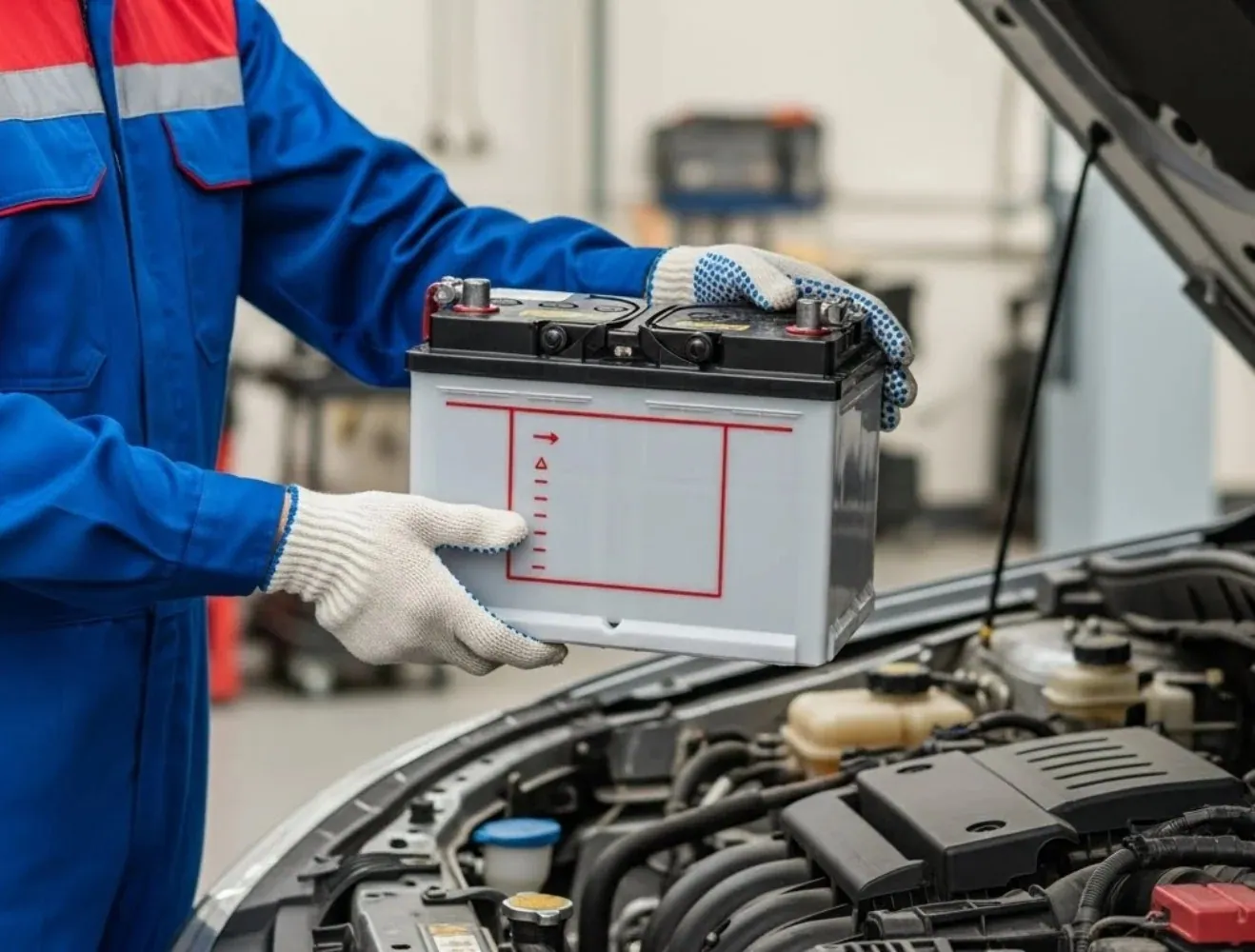 Right where the car stands Technician in overalls holding a battery