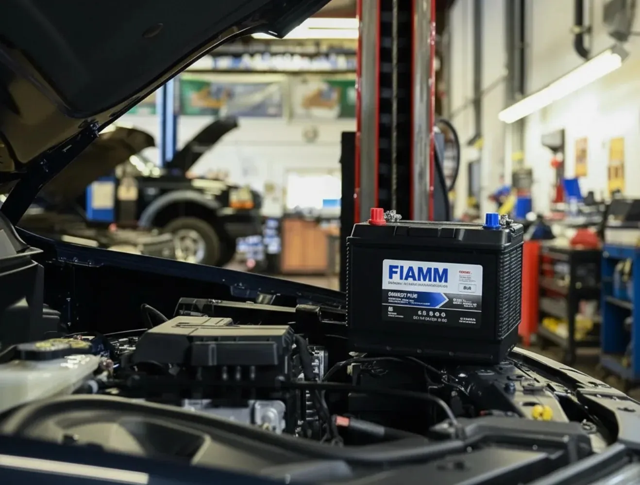 Matched to the vehicle Fiamm battery on an engine in a workshop