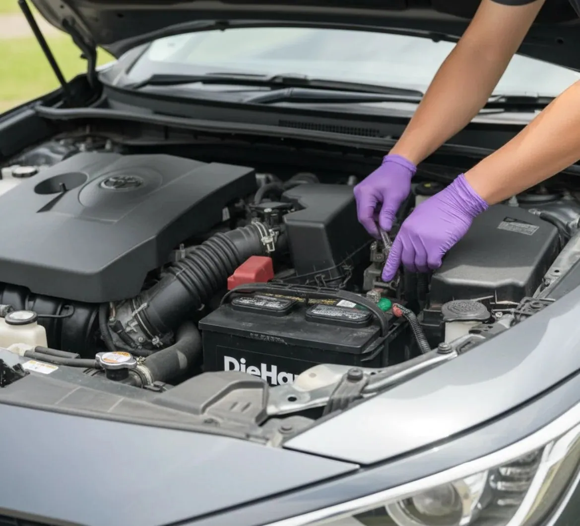Purple-gloved hands working on a battery