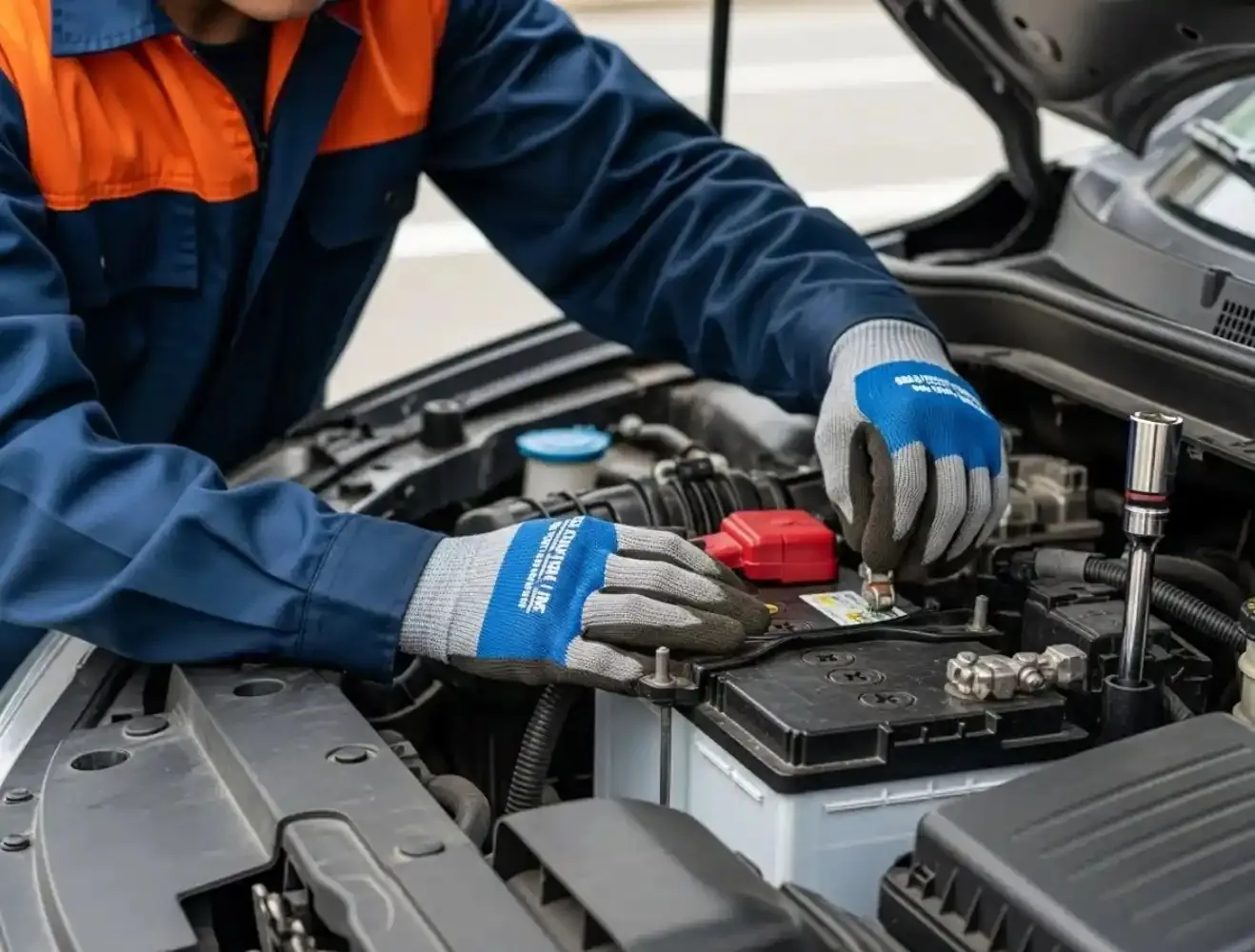 Fitting in progress Technician tightening a battery terminal