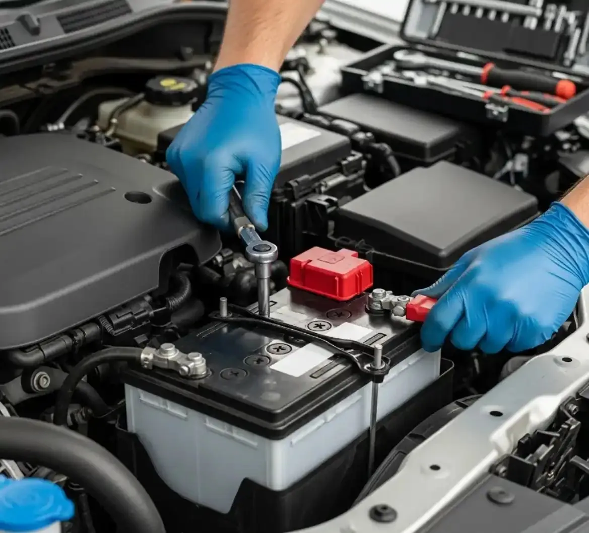 The way we work Blue-gloved hands on a battery terminal