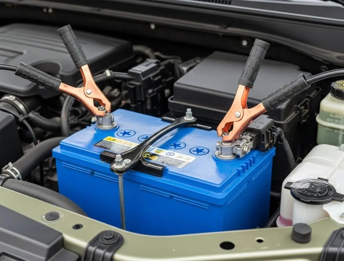 Right where the car stands Jump clamps on a blue battery
